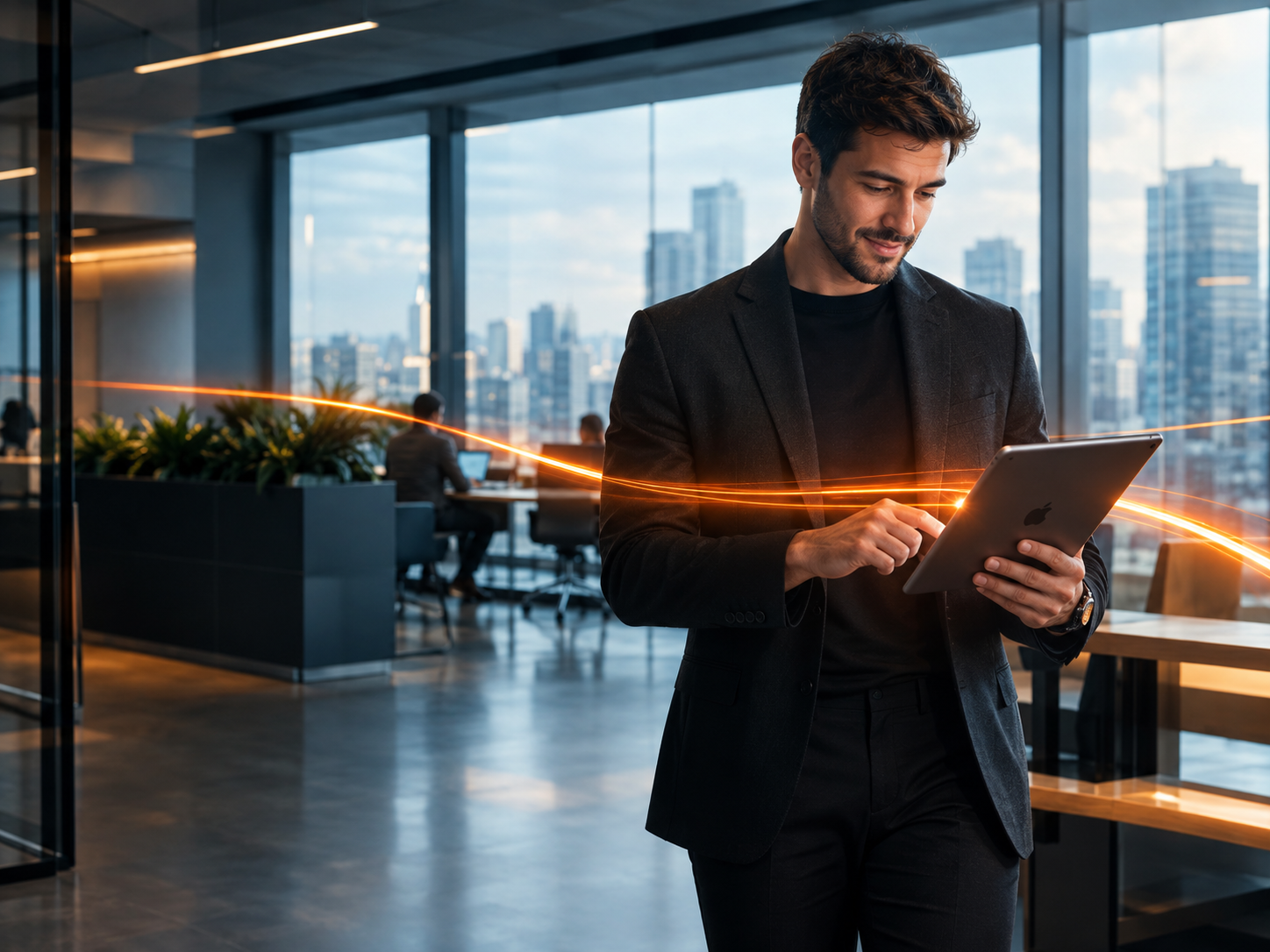 Profissional de terno utilizando tablet em escritório corporativo moderno, representando soluções empresariais de internet Manalink