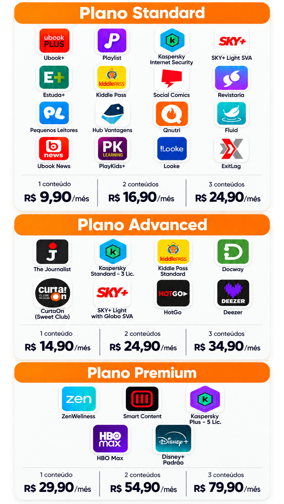 Pacotes de streaming Manalink: Standard, Advanced e Premium — versão mobile